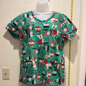 Rudolf the red nose reindeer Festive Green Holiday Scrub Top